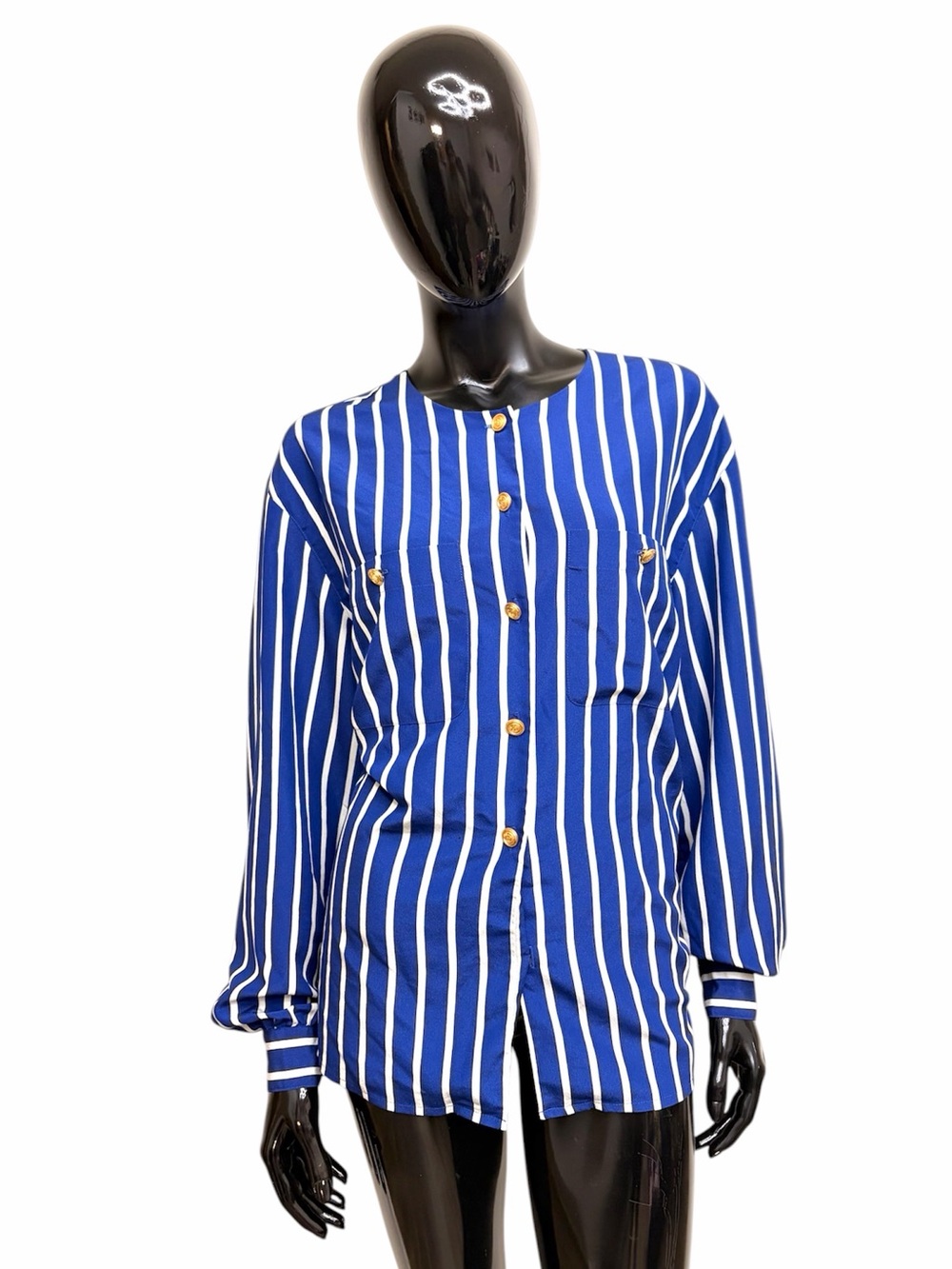 Liz Claiborne Blue and White Vertical Stripe Button-Up Blouse